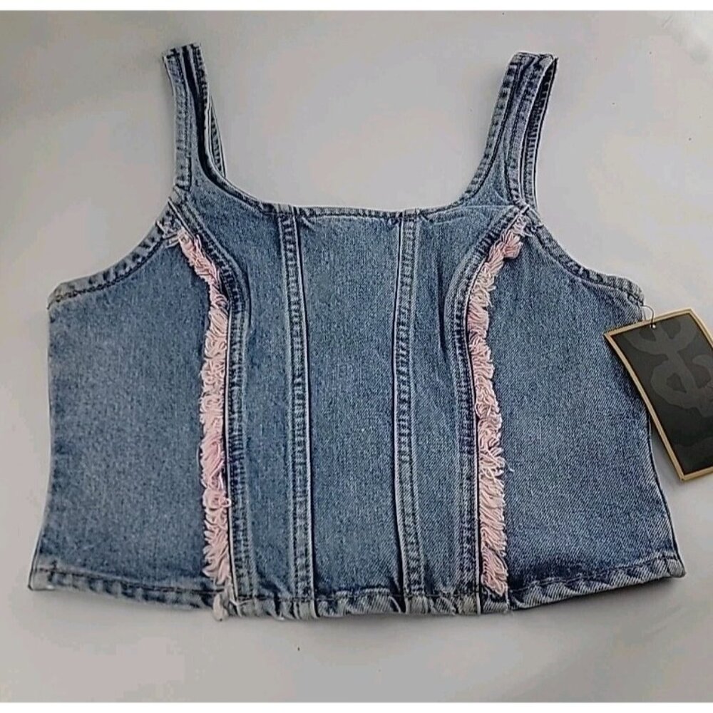 New Lee Denim Crop Tank Top With Pink Frayed Trim Zip Back Jean Sz XS - Picture 7 of 7